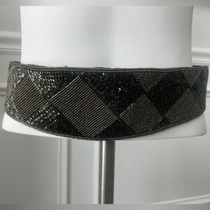 Black Beaded Women's Waist Belt with Geometric Pattern